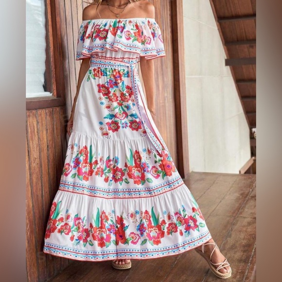 Women’s Boutique Floral Print off the shoulder Ruffle Hem Belted Dress. XL. NWOT - Picture 5 of 8